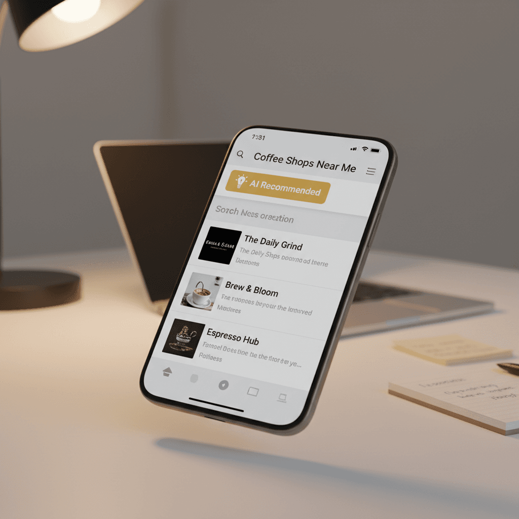 Smartphone displaying AI search recommendations for local business
