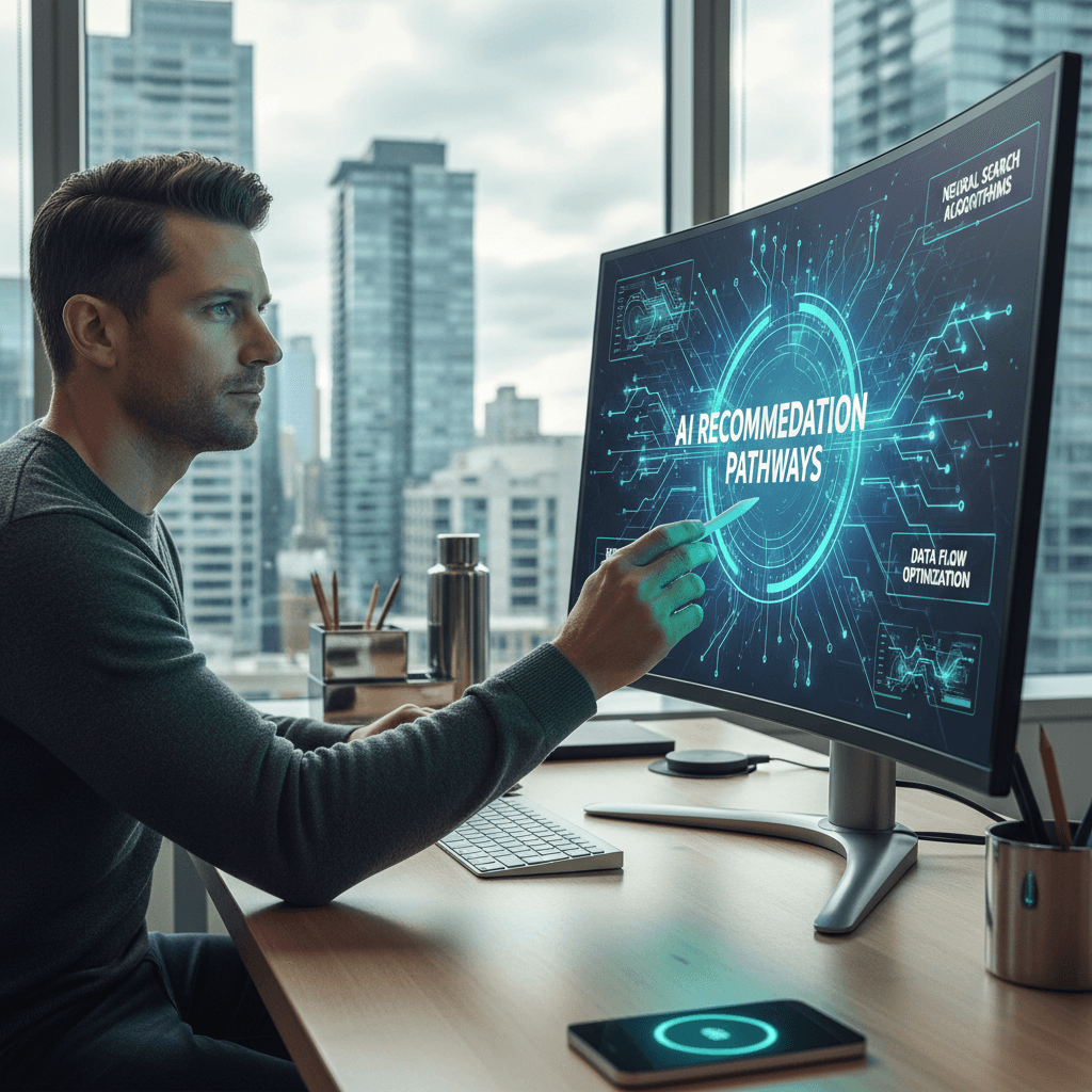 Digital marketer analyzing AI search visibility metrics on computer screen